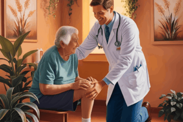 Elderly person with knee pain receiving advice from a doctor explaining non-surgical knee relief options