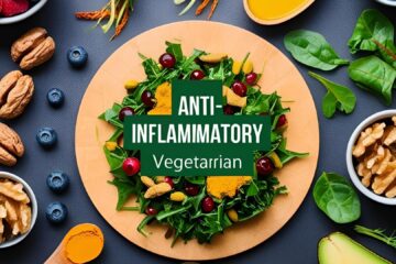 Colorful display of anti-inflammatory vegetarian foods including fruits, vegetables, nuts, and spices