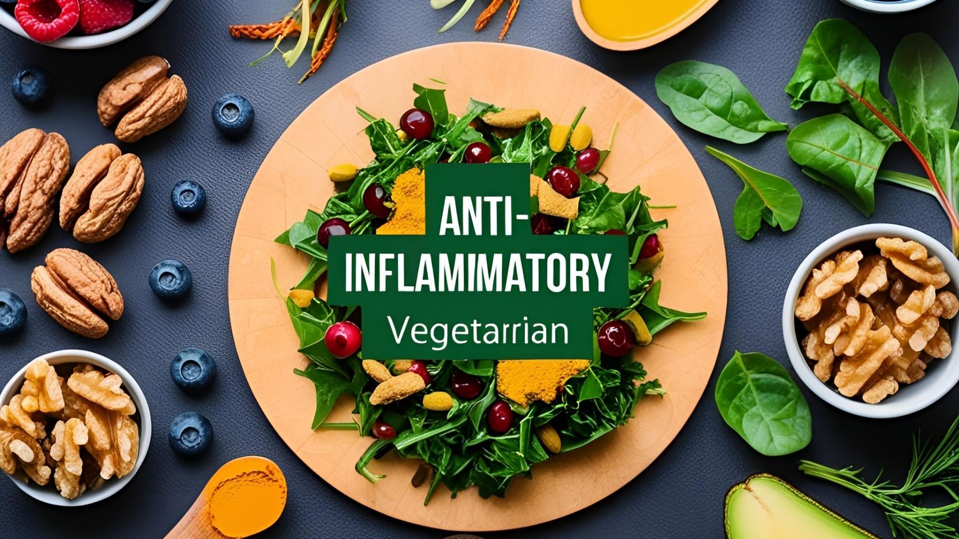 Colorful display of anti-inflammatory vegetarian foods including fruits, vegetables, nuts, and spices