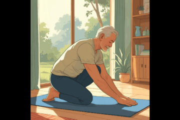 A person over 40 doing morning stretches at home to improve knee flexibility and joint health