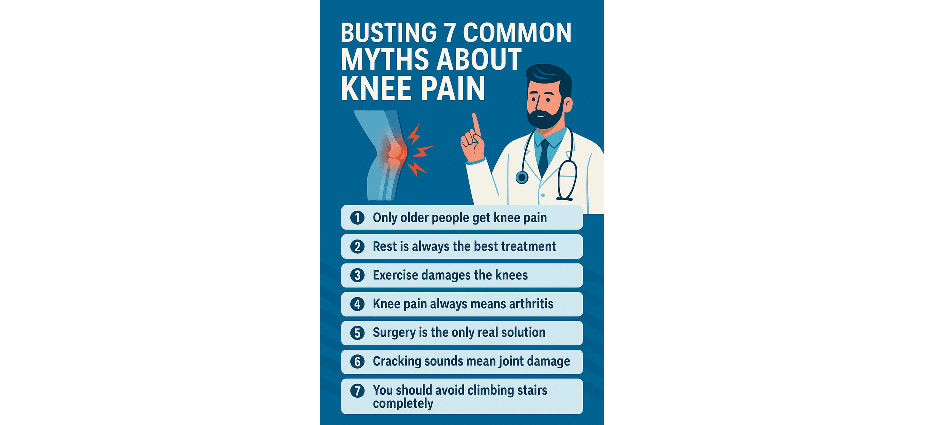 Infographic explaining 7 common knee pain myths with a doctor illustration and joint pain visual