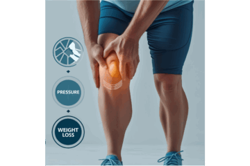 Overweight adult holding knee in pain with weight icons showing pressure relief from weight loss