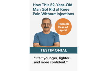 A 52-year-old man, Ramesh Prasad, smiling confidently in a testimonial graphic about overcoming knee pain without injections or surgery