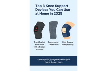 Illustrated infographic showing three top knee support devices for 2025: a smart heated knee brace, compression sleeve, and cold therapy gel wrap