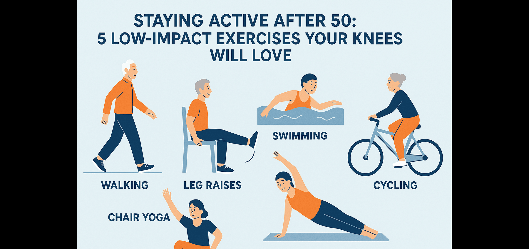 Infographic showing five low-impact exercises for seniors over 50, including walking, leg raises, swimming, chair yoga, and cycling, designed for knee-friendly fitness