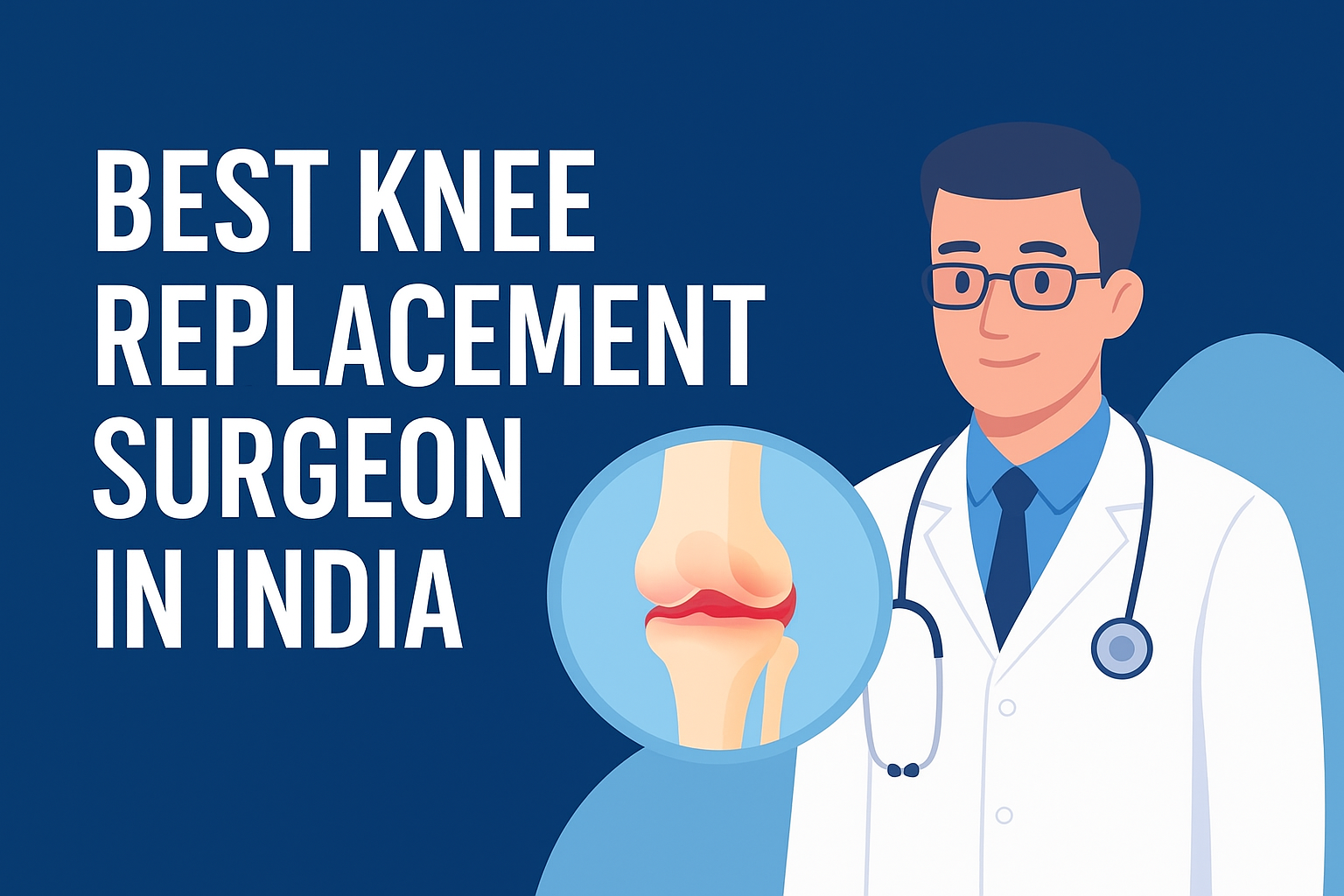 Illustration showing a professional orthopedic consultation for knee replacement surgery in India.