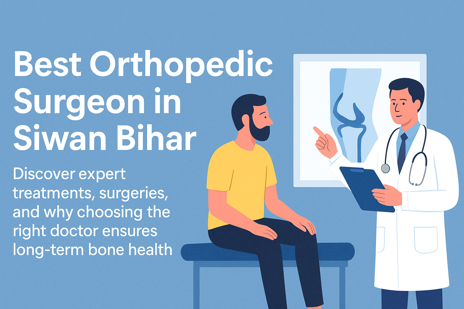 Digital illustration of a patient consulting with an orthopedic surgeon for joint and knee treatment.