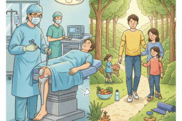 Illustration of knee replacement surgery with patient support and natural recovery options