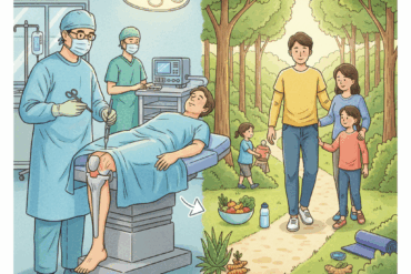 Illustration of knee replacement surgery with patient support and natural recovery options