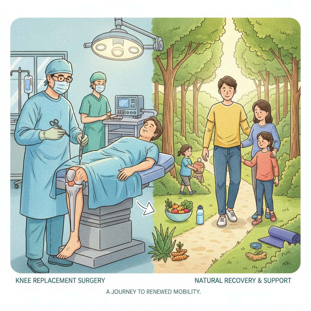 Illustration of knee replacement surgery with patient support and natural recovery options