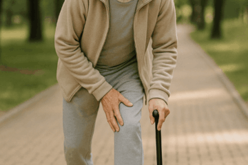 Knee Pain in Old Age – Senior holding knee while walking