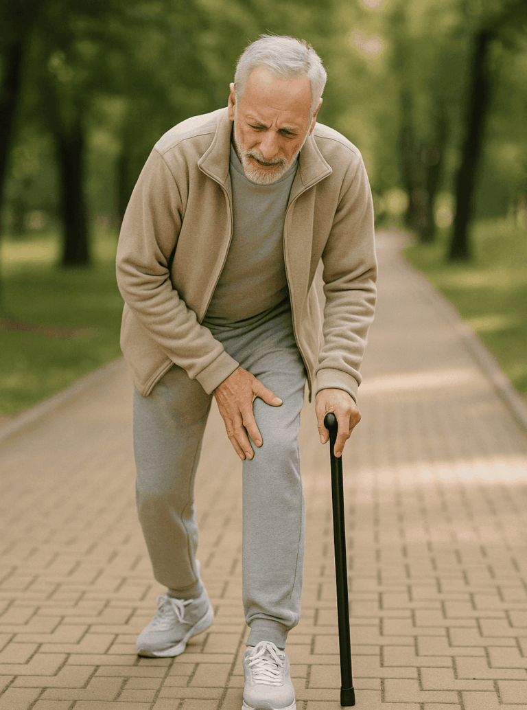 Knee Pain in Old Age – Senior holding knee while walking